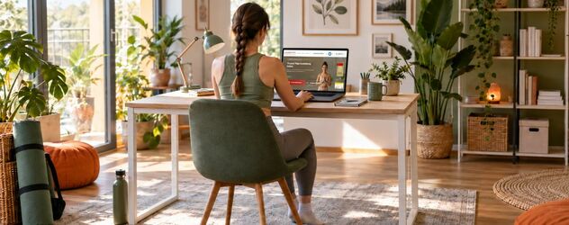 eine junge Frau sitzt am Laptop und recherchiert die Vinyasa Yoga Ausbildung der Akademie für Sport und Gesundheit