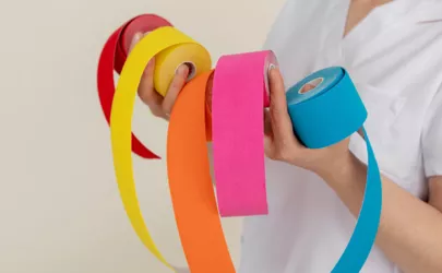 Frauenhände halten Kinesiologisches Tape in unterschiedlichen Farben
