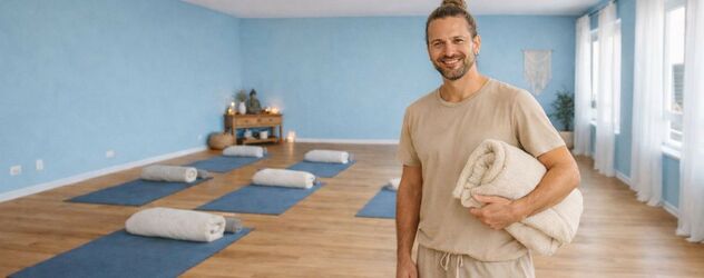ein selbstständiger Yoga Nidra Trainer steht in einem Yogaraum und lächelt in die Kamera