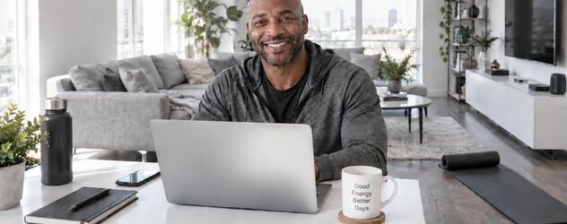 eine angehender Vinyasa Yoga Trainer sitzt an seinem Laptop in seinem Wohnzimmer