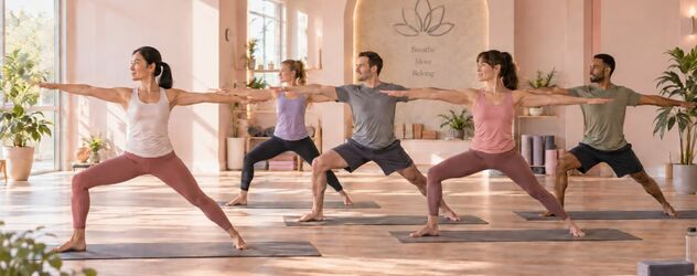 eine Vinyasa Yoga Trainerin macht die Asana Krieger mit ihren vier Schülern