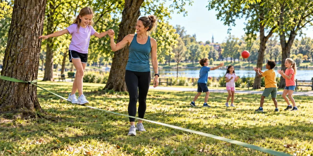 eine selbstständige Kindersport Trainerin führt ein Mädchen an der Hand über eine Slackline in einem Park