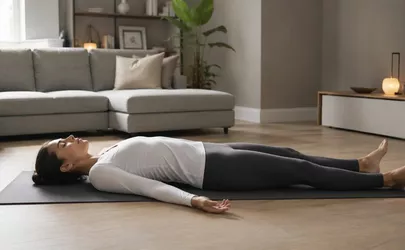 Eine Frau führt in einem Wohnzimmer Yoga Nidra aus
