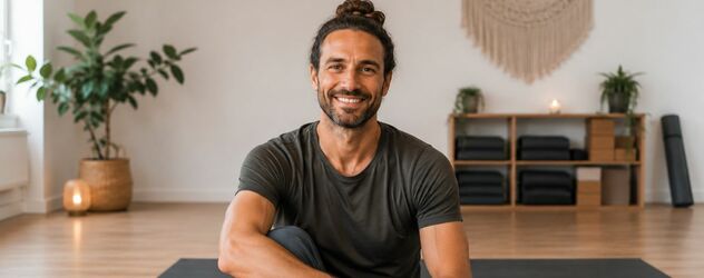 Ein männlicher Yogalehrer lächelt in die Kamera
