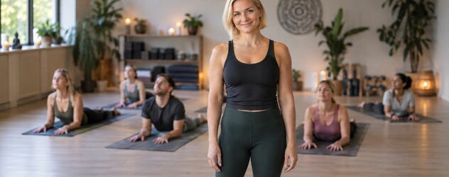 eine nebenberuflich arbeitende Vinyasa Yoga Trainerin steht im Yogastudio vor ihren Schülern