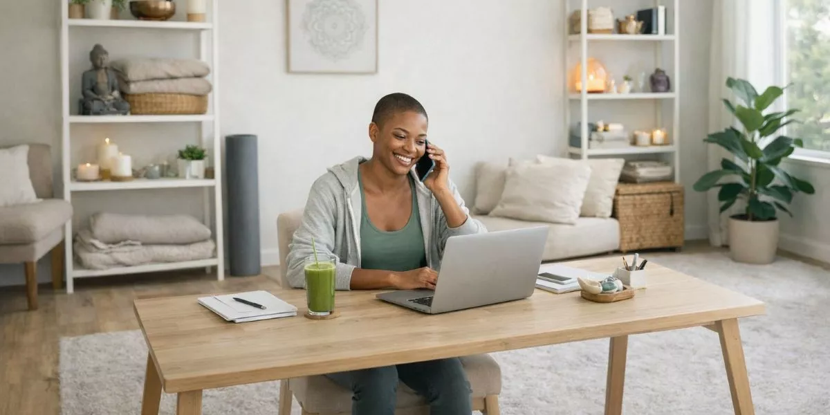 eine nebenberufliche Yoga Nidra Trainerin sitzt lächelnd am Schreibtisch und telefoniert